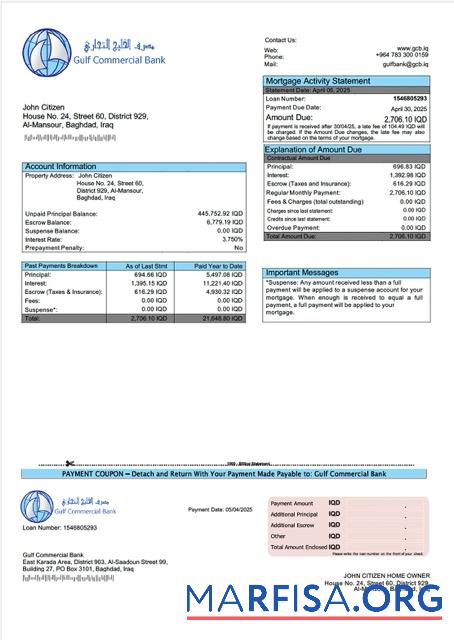 Downloadable Iraq Gulf Commercial Bank mortgage statement Word and PDF template